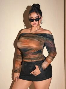 SHEIN ICON 大码女式露肩褶皱扎染印花针织上衣 - 彩色 - 查看 4