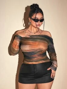 SHEIN ICON 大码女式露肩褶皱扎染印花针织上衣 - 彩色 - 查看 6