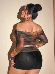 SHEIN ICON 大码女式露肩褶皱扎染印花针织上衣 - 彩色 - 查看 7