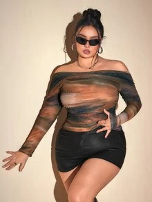 SHEIN ICON 大码女式露肩褶皱扎染印花针织上衣 - 彩色 - 查看 5
