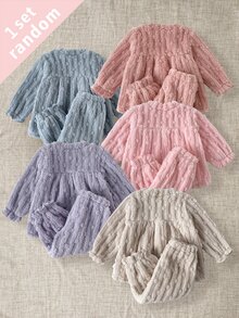 秋冬女嬰居家服韓系甜美風雙面絨毛家居服套裝荷葉邊長袖長褲睡衣淺藍深藍 - 彩色 - 查看 2
