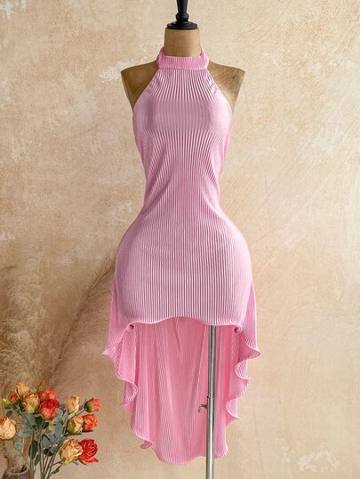 Soleia Nuevo vestido largo rosa para mujer, elegante y bohemio, con cuello halter plisado, volantes y espalda descubierta, estilo tropical, para vuelta al cole, vacaciones casuales, boda en la playa, invitada de boda, graduación, brunch, Día de San Patricio, vacaciones de primavera, Pascua y festival de música