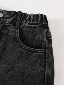 青少年女孩 Y2K 休閒端莊風牛仔褲，灰色，五角星刺繡貼布，直筒寬鬆版型，柔軟面料，適合假期度假夏季 - 黑色 - 查看 5