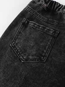 青少年女孩 Y2K 休閒端莊風牛仔褲，灰色，五角星刺繡貼布，直筒寬鬆版型，柔軟面料，適合假期度假夏季 - 黑色 - 查看 6