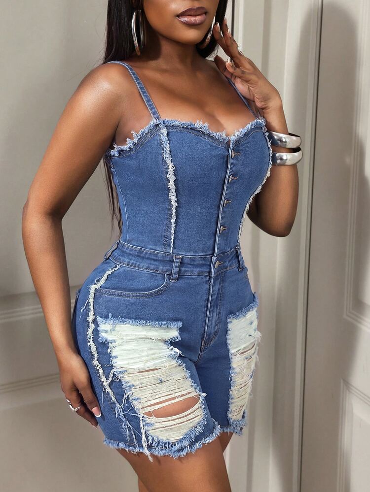 BamGleam Women's Solid Color Frayed Hem Front Button Bodycon Denim Jumpsuit Night Out Club Aqua Blue Summer Sexy - Medium Wash - View 3