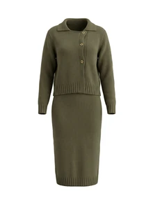 EMERY ROSE Women's 2pcs Vintage Army Green Chunky Knit Honeycomb Texture Cardigan With Small Collar, Asymmetric Front, Metal Round Buttons, Short Length And High Waist Ribbed Bodycon Midi Skirt Sweater Set - Army Green - View 3