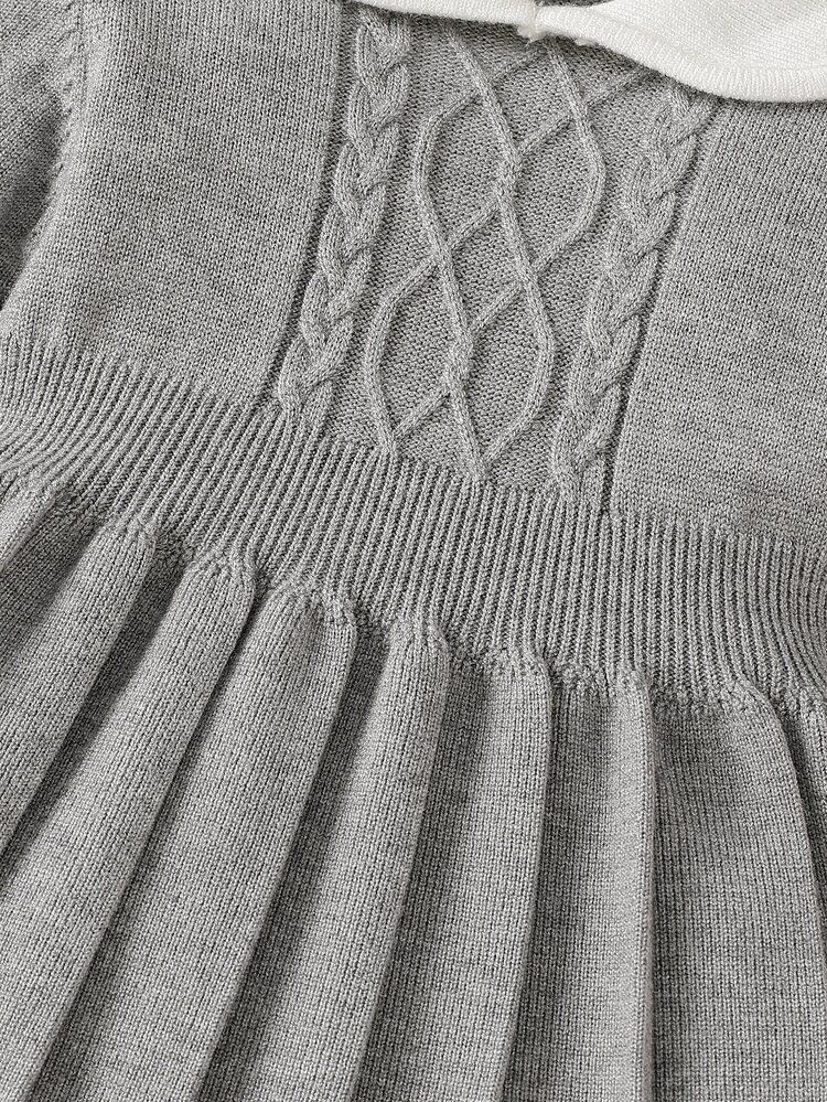 SHEIN Fall Winter Toddler Girl Clothes Grey Long Sleeve Cable Knit Pleated Hem Sweater Dress, Warm Cozy Soft, Festival Outfits Christmas School Party - Grey - View 7
