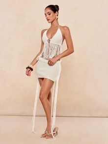 Lumalex Summer 2pcs/Set Knitted Halter Backless Fringed Flowy Sweater For Women,Off-White Boho Beach Vacation Holiday Outfits,Elegant Low Waist Luxury Party - White - View 9