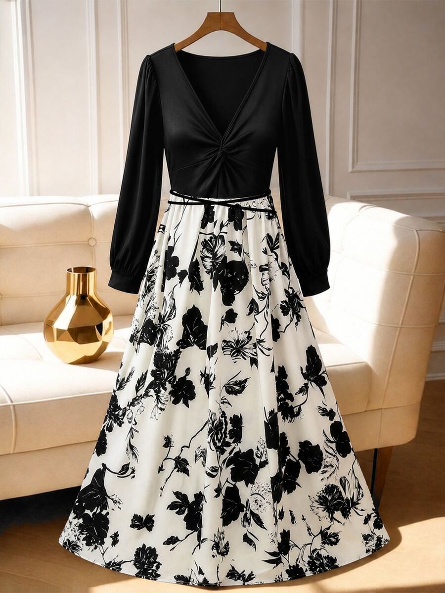GlowEve CURVE New Plus Size Black & Apricot Floral V-Neck Twisted Bust Long Sleeve Cinched Waist A-Line Dress, Spring/Autumn Fall - Multicolor - View 1