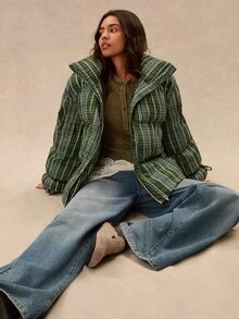 Easelle Abrigo acolchado con estampado de cuadros y puños con cordón - Verde - Ver 8