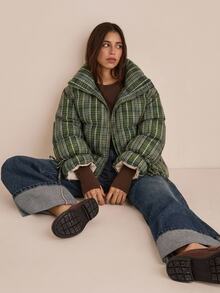 Easelle Abrigo acolchado con estampado de cuadros y puños con cordón - Verde - Ver 1