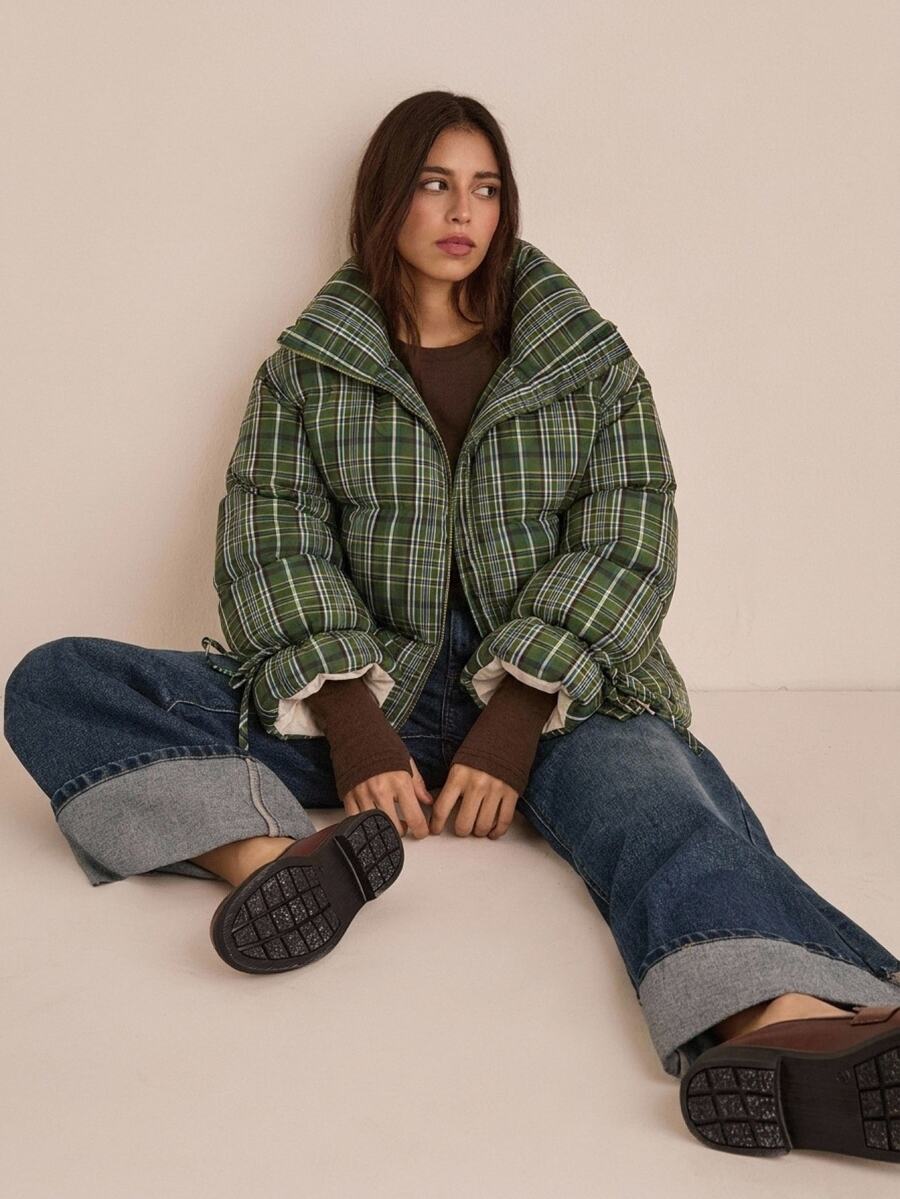 Easelle Abrigo acolchado con estampado de cuadros y puños con cordón - Verde - Ver 1