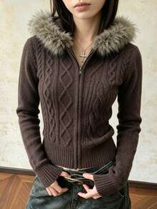 DAZY Cardigan Rajut Kabel Cokelat Tua Lengan Panjang Pas Badan untuk Wanita dengan Kerah Bulu, Cocok untuk Musim Gugur - Rust Brown - View 5