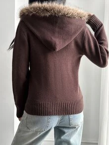 DAZY Cardigan Rajut Kabel Cokelat Tua Lengan Panjang Pas Badan untuk Wanita dengan Kerah Bulu, Cocok untuk Musim Gugur - Rust Brown - View 2