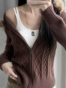 DAZY Cardigan Rajut Kabel Cokelat Tua Lengan Panjang Pas Badan untuk Wanita dengan Kerah Bulu, Cocok untuk Musim Gugur - Rust Brown - View 4