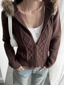 DAZY Cardigan Rajut Kabel Cokelat Tua Lengan Panjang Pas Badan untuk Wanita dengan Kerah Bulu, Cocok untuk Musim Gugur - Rust Brown - View 3