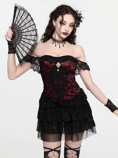 ROMWE Women's Short Dress, Court Gothic Vintage Burgundy Lace Applique Heavy Work Fishbone