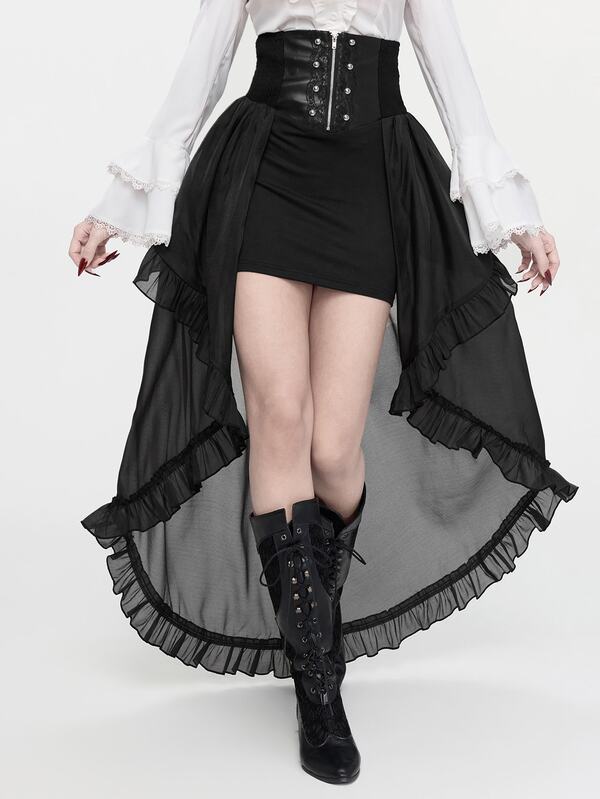 ROMWE Women's Organza High Waist PU Waistband Gothic Court Style Lace Asymmetrical Hem Skirt