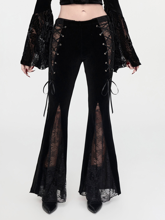 Pantalon évasé sexy semi-transparent en velours élastique avec dentelle contrastante style gothique de cour pour femmes, automne/hiver
