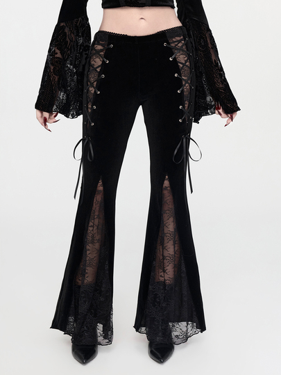 Goth Pantaloni a zampa d'elefante sexy semi-trasparenti in velluto elastico con pizzo a contrasto, stile gotico da corte, per donna, autunno/inverno