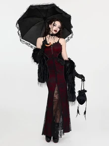 ROMWE Goth Women's Elegant Sexy Lace Patchwork Mermaid Tail Spaghetti Strap Dress - Red and Black - View 1