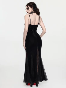 ROMWE Goth Women's Elegant Sexy Lace Patchwork Mermaid Tail Spaghetti Strap Dress - Red and Black - View 2