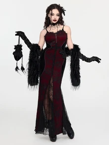 ROMWE Goth Women's Elegant Sexy Lace Patchwork Mermaid Tail Spaghetti Strap Dress - Red and Black - View 7