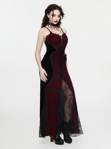 ROMWE Goth Women's Elegant Sexy Lace Patchwork Mermaid Tail Spaghetti Strap Dress - Red and Black - View 3