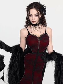 ROMWE Goth Women's Elegant Sexy Lace Patchwork Mermaid Tail Spaghetti Strap Dress - Red and Black - View 8