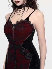 ROMWE Goth Women's Elegant Sexy Lace Patchwork Mermaid Tail Spaghetti Strap Dress - Red and Black - View 4