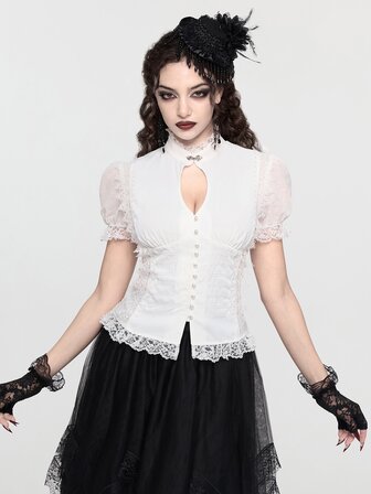 Goth Blusa de corte slim con diseño de cuello Napoleón gótico cortesano, ribete de encaje, manga de pétalo y lazo ajustable