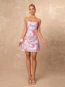 Lumalex Summer Sequin Floral Backless Mini Dress For Women Beach Club Night Out Holiday Party Pink Floral Graduation Rave Sexy - Pink - View 6