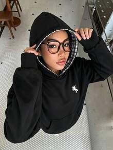 SHEIN Sparklyn 女童休閒時尚可愛粉色蝴蝶結圖案刺繡套頭運動衫 秋冬款 - 黑色 - 查看 1