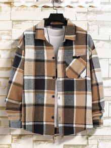Manfinity CasualCool Men's Vintage Yellow-Brown Large Plaid Wool Drop Shoulder Shacket - Yellow - View 3