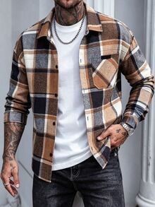 Manfinity CasualCool Men's Vintage Yellow-Brown Large Plaid Wool Drop Shoulder Shacket - Yellow - View 5