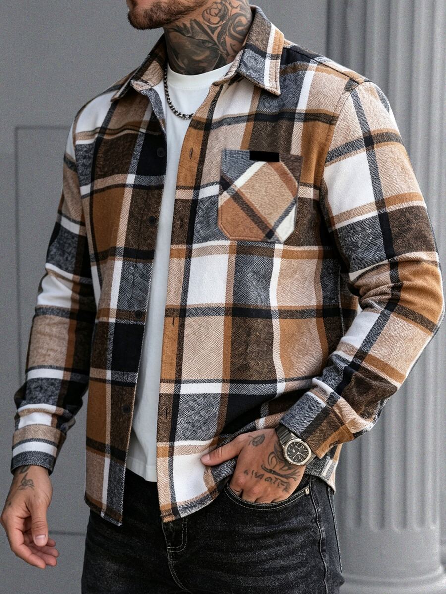 Manfinity CasualCool Men's Vintage Yellow-Brown Large Plaid Wool Drop Shoulder Shacket - Yellow - View 1