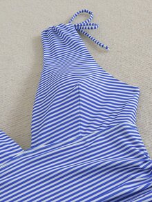 Bonvoyette 女款一件式抽繩深V領無鋼圈比基尼背心式泳衣 - 藍白色 - 查看 4