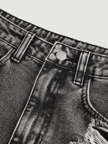 SHEIN Teen Girl Y2K Black Distressed Star Patched Wide Leg Jeans,Loose Fit Hip Hop Streetwear,Summer Back-To-School,Grunge Punk Gothic Cotton Baggy Pants - Dark Grey - View 4