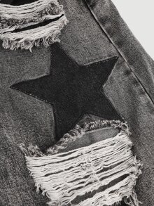 SHEIN Teen Girl Y2K Black Distressed Star Patched Wide Leg Jeans,Loose Fit Hip Hop Streetwear,Summer Back-To-School,Grunge Punk Gothic Cotton Baggy Pants - Dark Grey - View 3