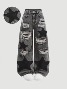 SHEIN Teen Girl Y2K Black Distressed Star Patched Wide Leg Jeans,Loose Fit Hip Hop Streetwear,Summer Back-To-School,Grunge Punk Gothic Cotton Baggy Pants - Dark Grey - View 1