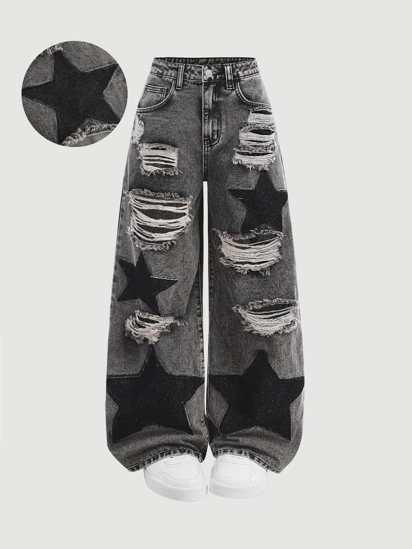 SHEIN Teen Girl Y2K Black Distressed Star Patched Wide Leg Jeans,Loose Fit Hip Hop Streetwear,Summer Back-To-School,Grunge Punk Gothic Cotton Baggy Pants - Dark Grey - View 1