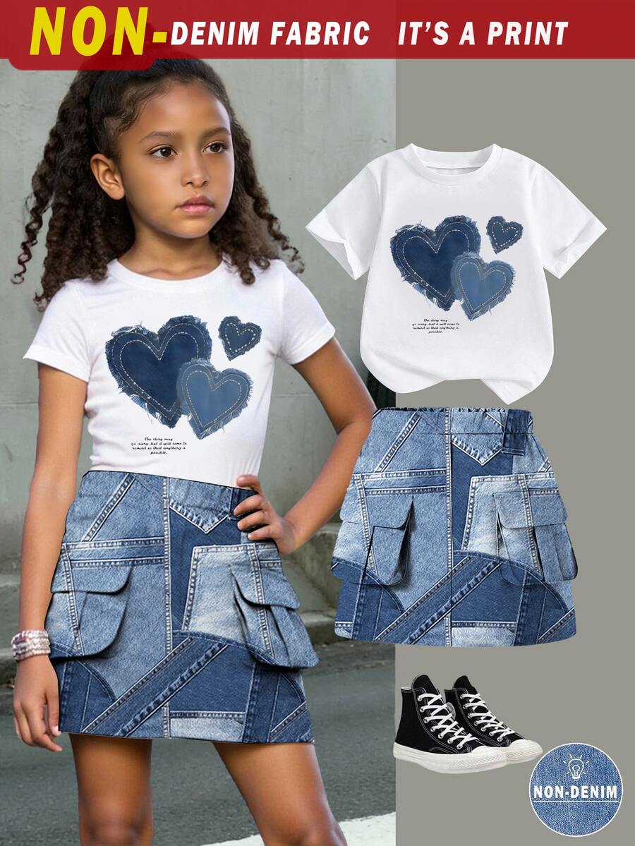 SHEIN Young Girl Casual Fashion Heart Simple Pattern Short Sleeve Round Neck T-Shirt With Patchwork Cargo Skirt Set, Summer Must-Wear Choice, Easy And Comfortable, Fashionable Girl Outfit, Casual Apparel, Spring/Summer Set, New Style, Relaxed And Cozy, Spring Vibe, Leisurely Summer Vacation - Multicolor - View 1