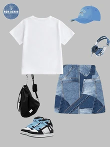 SHEIN Young Girl Casual Fashion Heart Simple Pattern Short Sleeve Round Neck T-Shirt With Patchwork Cargo Skirt Set, Summer Must-Wear Choice, Easy And Comfortable, Fashionable Girl Outfit, Casual Apparel, Spring/Summer Set, New Style, Relaxed And Cozy, Spring Vibe, Leisurely Summer Vacation - Multicolor - View 4