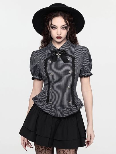ROMWE Women's Striped Double-Breasted Bowknot Goth Petal Sleeve Fitted Blouse, Spring/Summer Fairy Tale Gothic Vintage