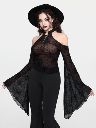 Top vintage sexy semi-transparent pour femme, style gothique, motif toile d'araignée, épaules dénudées, col licou, manches évasées, croisé, superposition palace