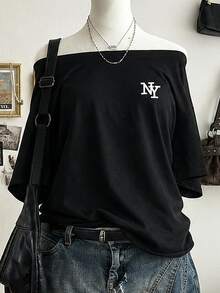 SHEIN NY字母3D刺繡時尚極簡女款圓領T恤，送給朋友的禮物 - 黑色 - 查看 4