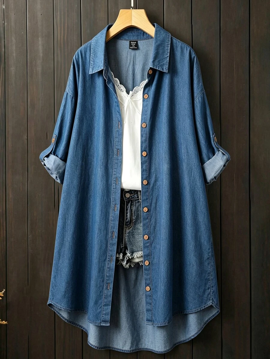 Linhara Spring/Autumn Anti-Denim Fabric Long Casual Shirt, Can Be Worn As Outerwear Or Single Piece, Plus Size Fall - Blue - View 1
