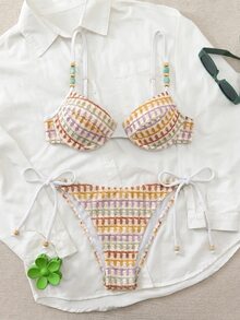 Swim Chiccia 26SS 春夏度假海灘紋理面料綠色鋼圈聚攏比基尼套裝 - 彩色 - 查看 5