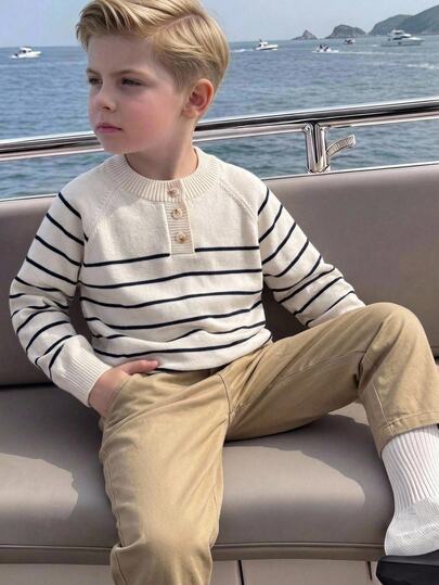 Fall Clothes Winter Toddler Boys Beige Long Sleeve Striped Knit Sweater, Back To School, Cozy Soft, Festival Outfits Christmas Casual Daily Wear