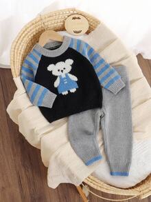 Souflis 2pcs/Set Baju Rajut Jacquard Motif Beruang Lucu Modis untuk Bayi Laki-laki, Atasan Leher Bulat - Biru - View 7
